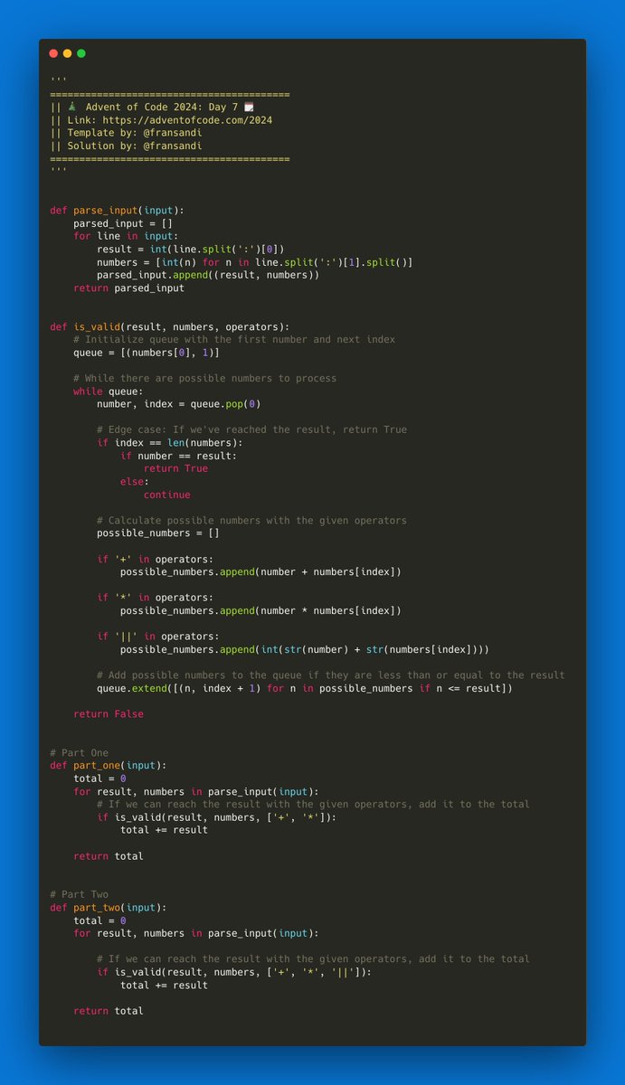 fransandi7's tweet photo. I've completed "Bridge Repair" - Day 7 - Advent of Code 2024 https://t.co/XB73N2Gmin #AdventOfCode https://t.co/unTAnw0WDK