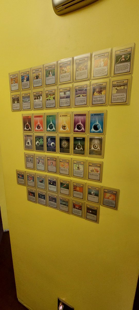 abzman2000's tweet photo. @spicy_ava hard to get in one picture, but I have my favorite versions of the first 151 on one wall and notable trainers and energies on the next. Ones I find noteworthy are Cool Porygon, a bunch of the movie promo cards, and I really like the art style on Clefable and Lt. Surge's Magnemite https://t.co/GO6fSdfYb7