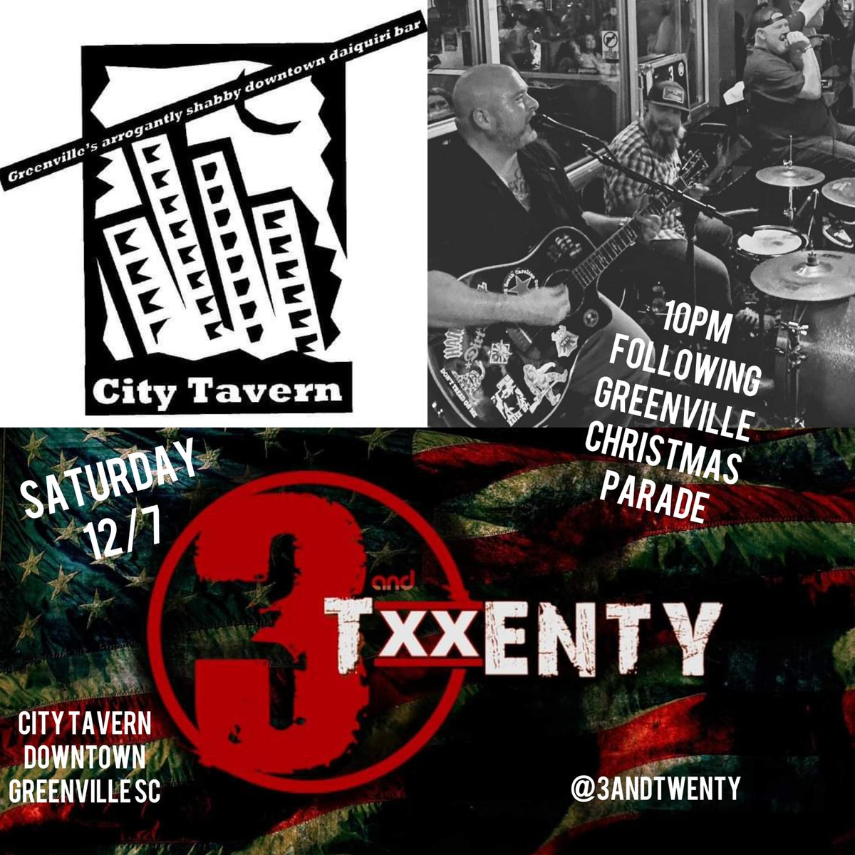 3andTwenty's tweet photo. TONIGHT RIGHT AFTER THE GREENVILLE SC DOWNTOWN CHRISTMAS PARADE!!! @3andTwenty will warm it up at City Tavern!!! https://t.co/GDXVdJutCp
