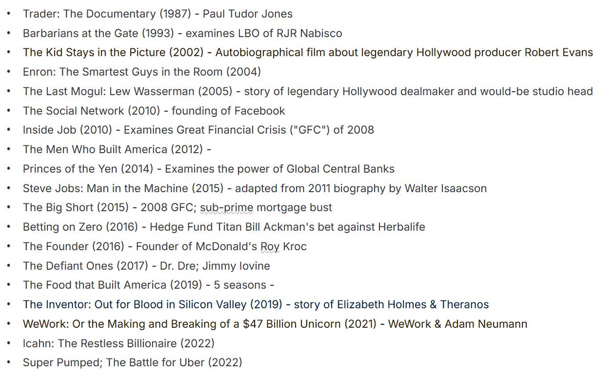 stretchmikep's tweet photo. @APompliano Here is a consolidated list of most of the "business" Documentaries or Historical Dramas mentioned in the comments as well as two I added: https://t.co/601vHP3YkM