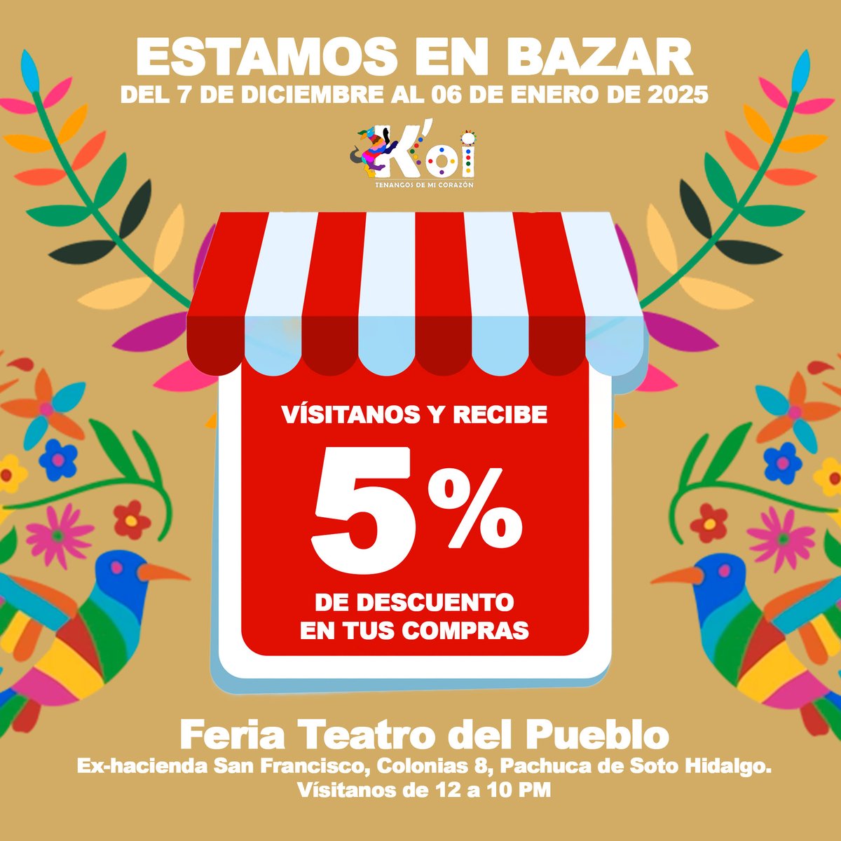 TenangosK's tweet photo. ¡Estamos en bazar hasta el 06 de enero! Vísitanos en el Teatro del Pueblo de Pachuca y al presentar esta imagen recibirás el 5% de descuento en tu compra. Recuerda que puedes medirte o probarte cualquier prenda que gustes. Vísitanos de 12 a 10 PM. 

#Bazar #Tenangos #Pachuca https://t.co/WTJ20fm5fo