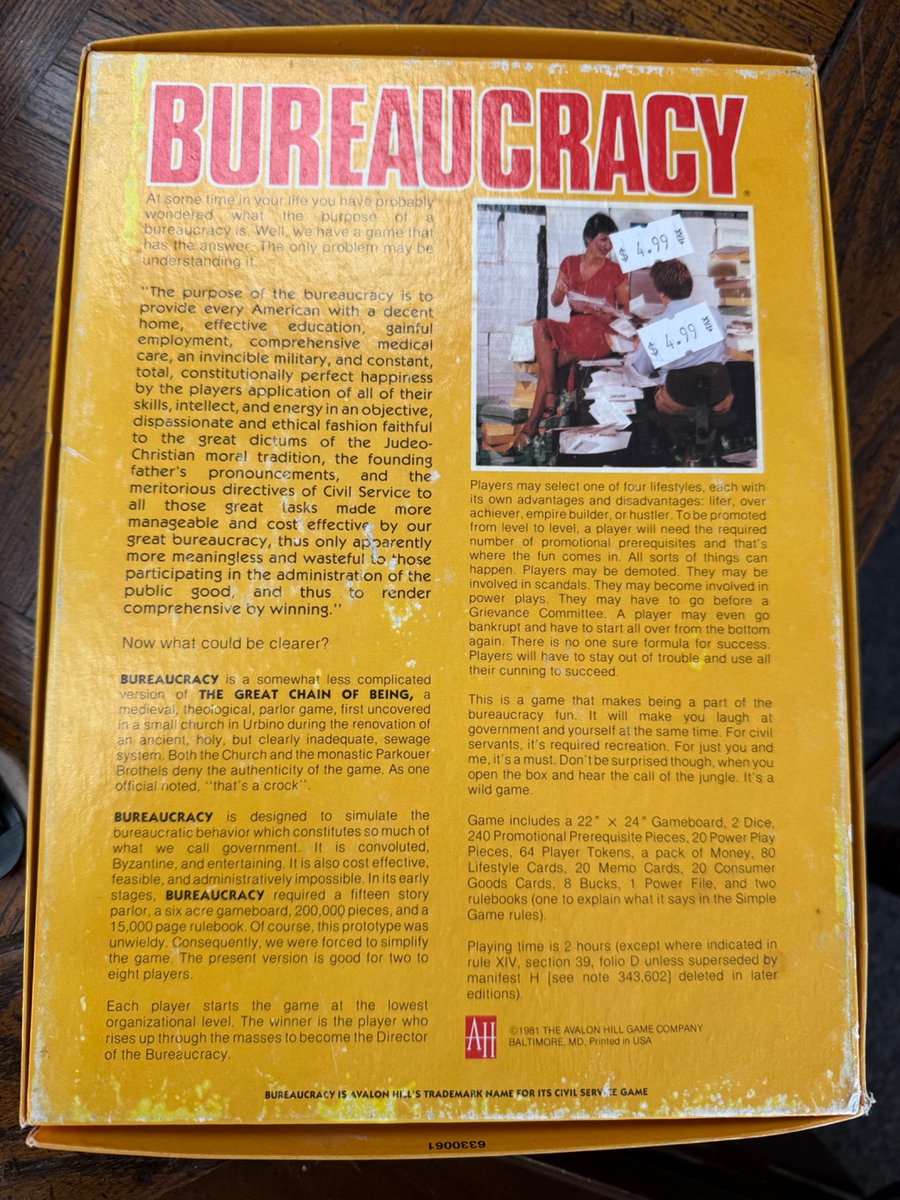 .<a href="/elonmusk/">Elon Musk</a> <a href="/VivekGRamaswamy/">Vivek Ramaswamy</a> Did you know there’s a #Bureaucracy game c. 1981… 2024 version must need a bigger box…