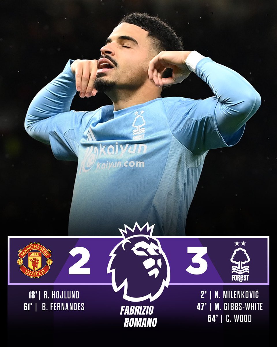 FabrizioRomano's tweet photo. 🔴 Two defeats, two wins and one draw for Rúben Amorim as Manchester United head coach.

One more massive win for Forest! 🌳📈

First defeat of Amorim era at Old Trafford. https://t.co/BApW5dDiTx