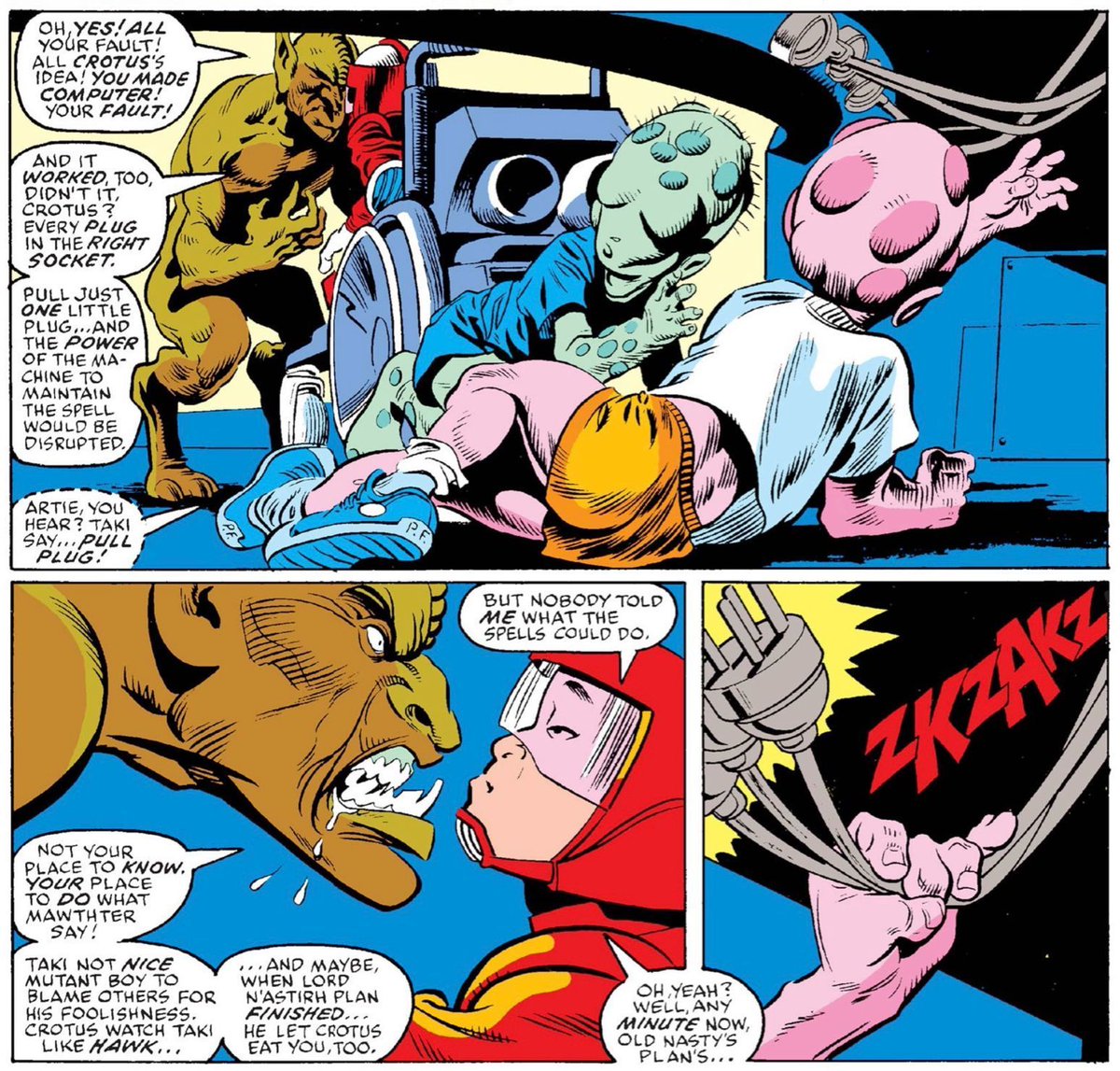 MarvelDailyArt's tweet photo. Takashi is still wracked with guilt over creating a computer to help N’Astirh (it will be a running theme of this issue), so now he’s distracting one of the demons while Artie and Leech unplug the machine. A demonic computer should be more secure. #marvel #xterminators https://t.co/eWlHVZ5XN4