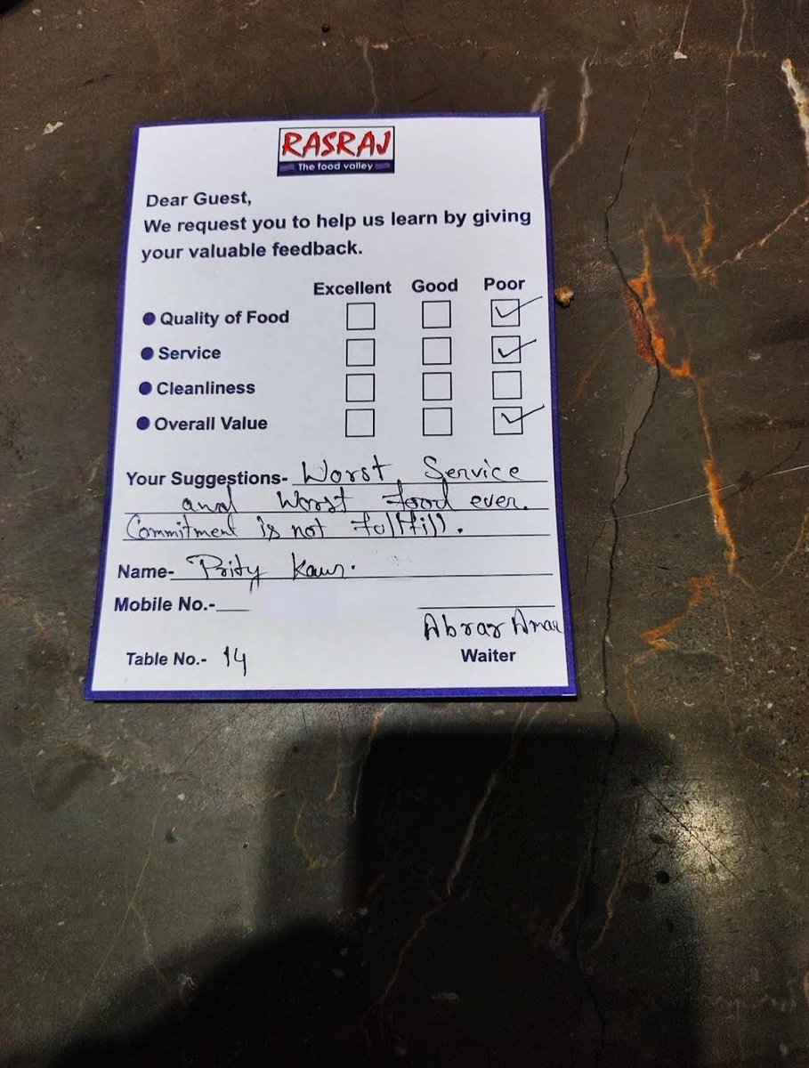 SamraMohit's tweet photo. @Rasrajfoods
They forced us to pay the bill Of wrong order which they have given us.
Before giving order we all describe But then also given us and 
argue

Waiter name:- Abrara Amar who given us wrong order and rudely behaviour, and forcely paid bill https://t.co/Z5pqkEETnL