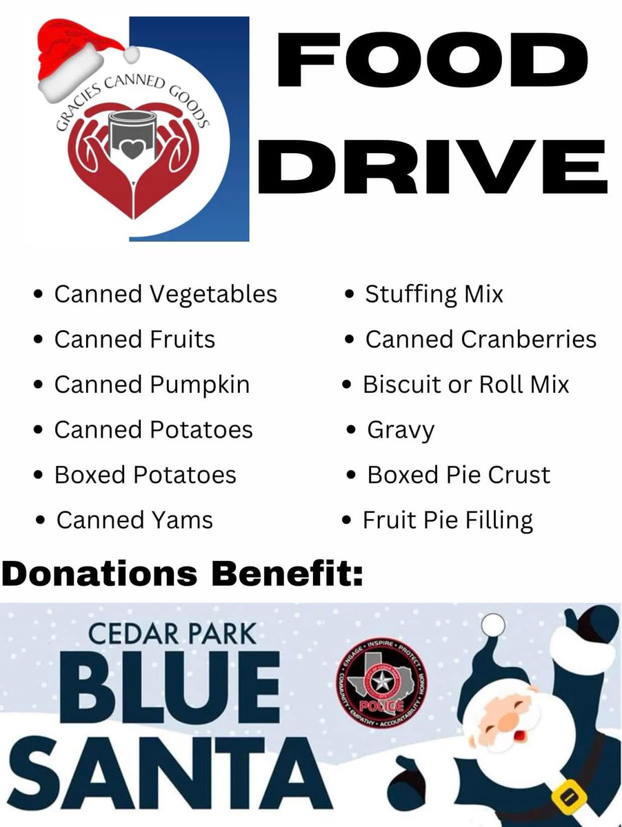 There’s still time to donate! Wednesday will be the last day for donations! These are our most needed items! You can drop off donations <a href="/CedarParkPubLib/">Cedar Park Library</a> Cedar Park Rec Center &amp; HEB Parmer/1431! Please help Gracie spread some kindness to our <a href="/CedarParkPD/">Cedar Park Police</a> Blue Santa families 💙