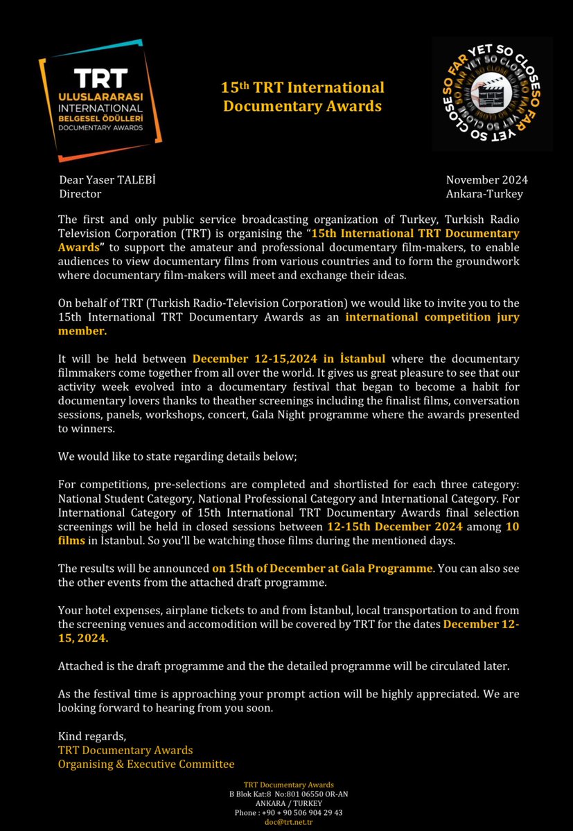 TalebiYaser's tweet photo. It’s an honor to be selected as a jury member for the International Category of the 15th TRT Documentary Awards in Turkey. Thrilled to share this experience with renowned filmmakers like Ken-ichi Imamura and Derviş Zaim.
#TRTDocumentaryAwards #Cinema #Documentary https://t.co/oNfCGo20Ze