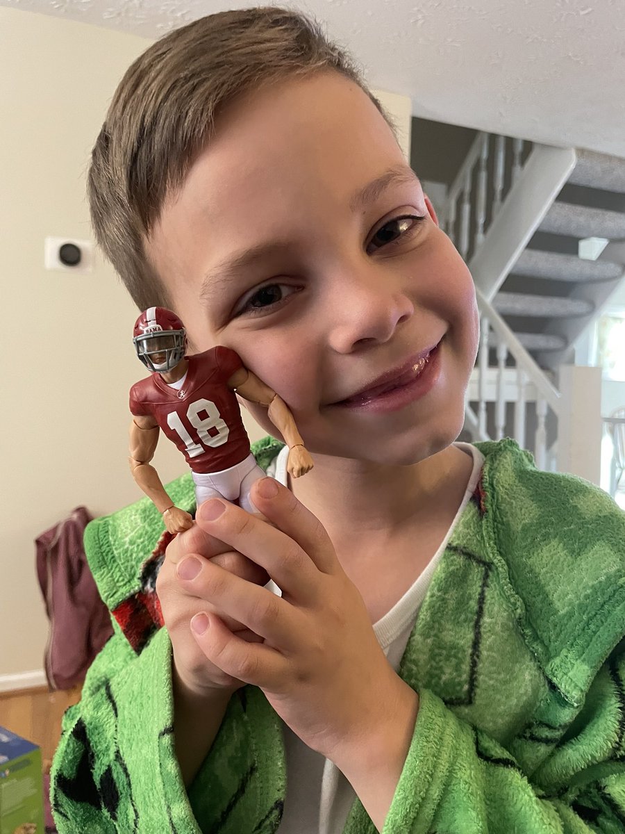 WrenchNato's tweet photo. Someone got up early and saw my new football figure from @Collegiatelegnd and couldn’t keep his little hands off. He wants one for Christmas so I had to get one immediately! #collegiatelegends #alabama #crimsontide #harvingerstudios https://t.co/BZBMsu56Lg