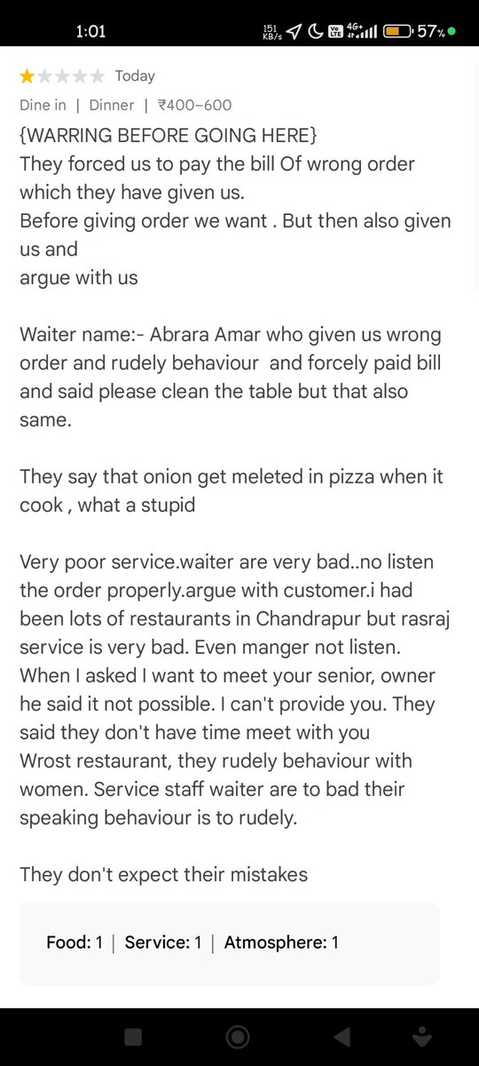 SamraMohit's tweet photo. @Rasrajfoods 
They forced us to pay the bill Of wrong order which they have given us.
Before giving order we all describe But then also given us and 
argue

Waiter name:- Abrara Amar who given us wrong order and rudely behaviour, and forcely paid bil https://t.co/A9vgKqIH6N