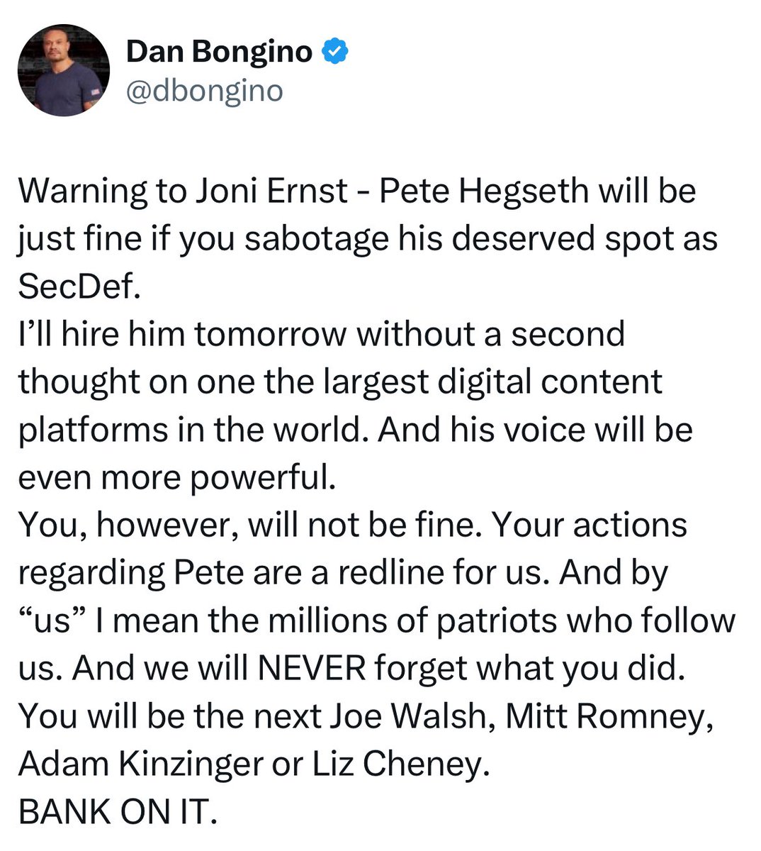 BREAKING: Dan Bongino warns Senator Joni Ernst that Pete Hegseth will thrive even if she sabotages his spot as SecDef, offering to hire him immediately for a major digital platform, where his voice would be even stronger.