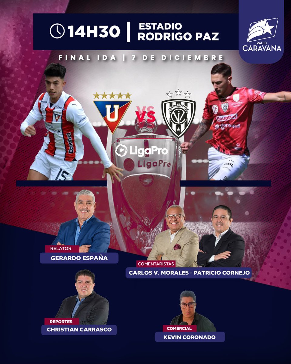 Caravana750's tweet photo. ¡ARRANCA LA TRANSMISIÓN DE LA GRAN FINAL! 🔥

🎙️ @gerardo22ec 
🎙️ @CarlosVictorM 
🎙️ @PatoCornejo 
🎙️ @ccarrasco750 
🎙️ @kevinplus7 

⚪️ @LDU_Oficial 🆚 @IDV_EC ⚫️

🏆 @LigaProEC 
🗓️ Final - Ida 
🏟️ Rodrigo Paz

👉🏻 Escucha el partido por https://t.co/ShrThDWSkY o 750 AM 📻 https://t.co/UNzqg0MvCH