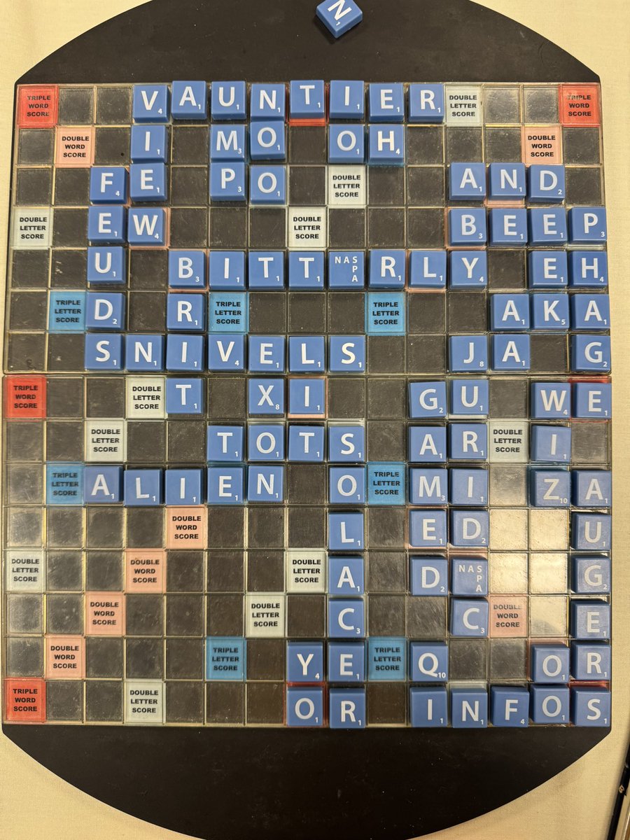 Magratheazaphod's tweet photo. High level scrabble can be an exercise in magical thinking. After oppo’s JURIDIC I trailed by 75 with no blank remaining and limited space on the board. But I came up with AUGER holding S, and he was forced to block. Then I bingoed, drew the other S and he drew the Q! 482-446 win https://t.co/fCuIx5XI2y