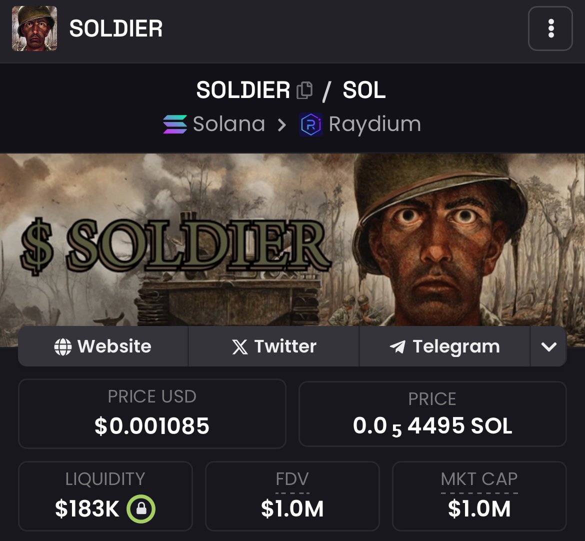 Nixatar's tweet photo. $Soldier definitely has some room to grow here.

Still a good meme format in tik tok and X

Could easily see this climbing a couple X’s in the coming days.

CA: GGUxJxZqUDfNbnzQqdCnrEzUX7LuCA9usdAkkSfApump https://t.co/7vNQyJxW57