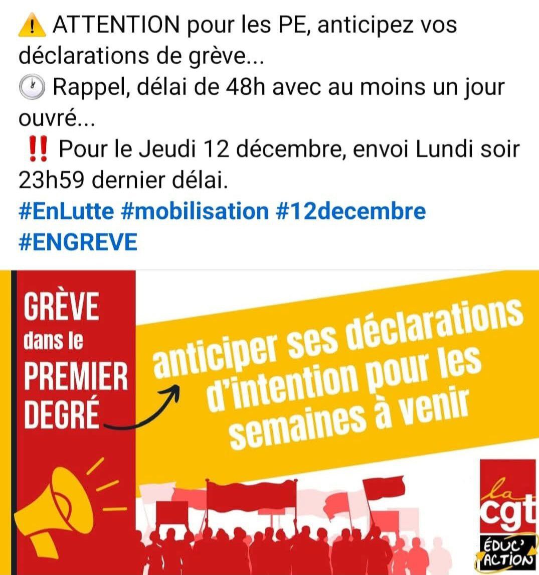 CGTEducNord's tweet photo. Attention pour les #PE ! Anticipez vos déclarations de #grève. Délais de 48h avec au moins 1 jour ouvré pour le #12décembre 
⚠️ pour une grève le 12 décembre, envoi lundi 9 23h59, dernier délai !!
#engreve 
#enlutte https://t.co/kO6w7ZmwQx