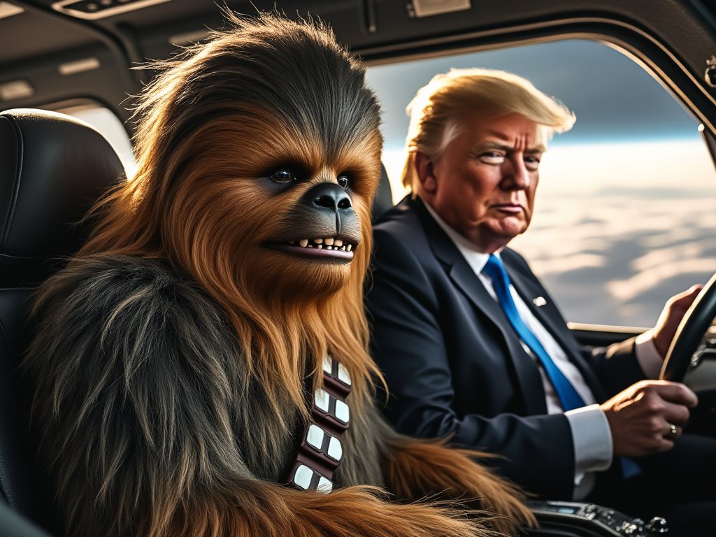 Therealsage18's tweet photo. "When diplomacy meets the galaxy: President Trump and Chewbacca take the helm for an unprecedented interstellar mission!" #TrumpInSpace
#ChewbaccaPilot
#StarWarsMeetsPolitics
#SpaceForce
#MillenniumFalcon
#WookieeCopilot
#SciFiPolitics
#TrumpChewie
#SpaceAdventure
#IntergalacticJourney