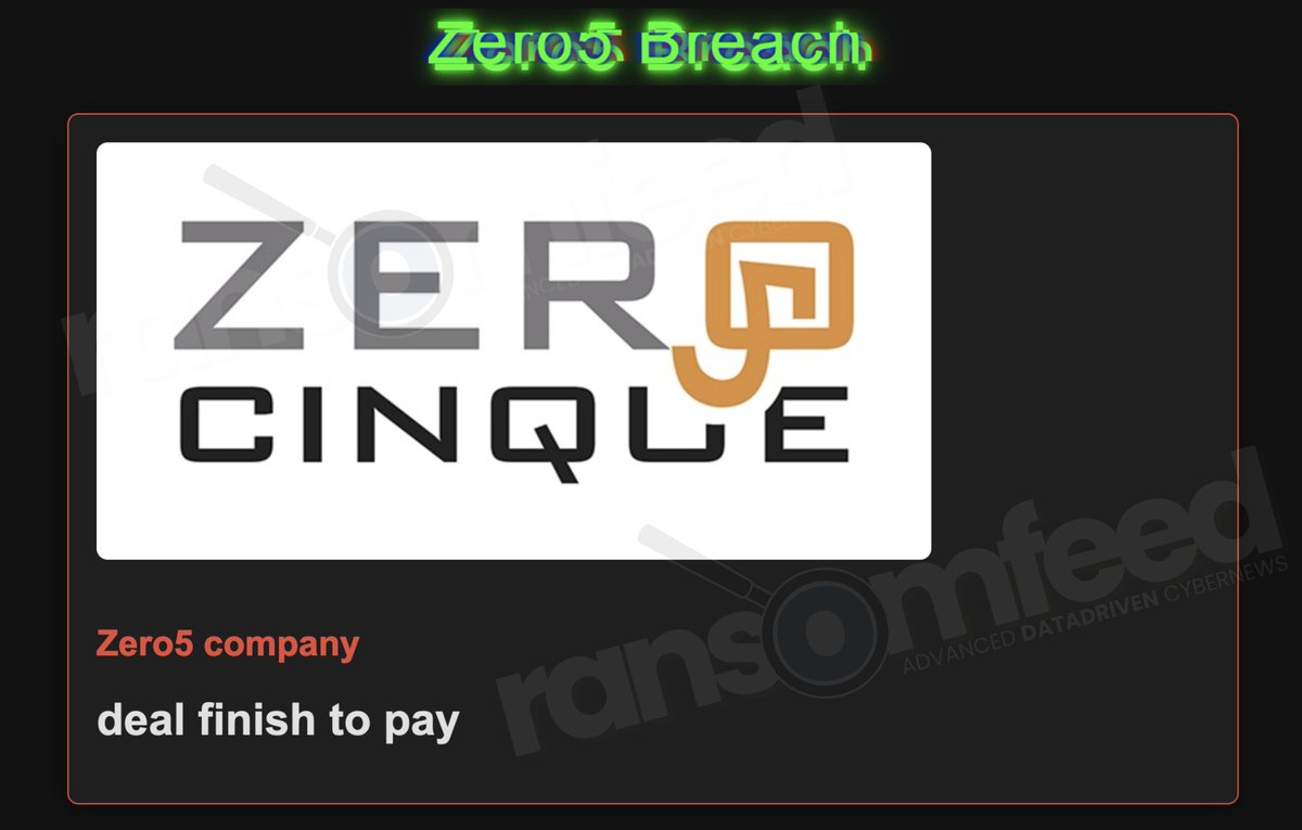 ransomfeednews's tweet image. 𝗔𝗰𝘁𝗼𝗿: #funksec
𝗩𝗶𝗰𝘁𝗶𝗺: zero5 SRL | zero5.it
𝗖𝗼𝘂𝗻𝘁𝗿𝘆: Italy 🇮🇹
𝗦𝗮𝗺𝗽𝗹𝗲: no
𝗘𝘅𝗳𝗶𝗹𝘁𝗿𝗮𝘁𝗲𝗱 𝗱𝗮𝘁𝗮: - 
𝗗𝗲𝗮𝗱𝗹𝗶𝗻𝗲: December 10, 2024

👉🏻 claim details have been taken off from DLS on December 7, suggesting negotiations are…