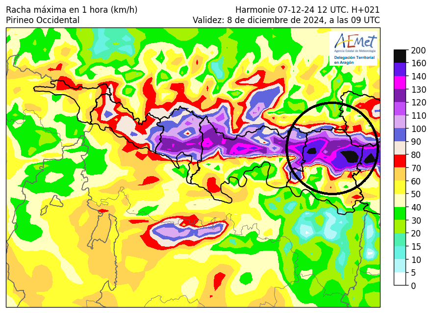 AEMET_Aragon's tweet photo. En cotas altas de #Pirineos las #rachas máximas de #viento pueden ser huracanadas superando los 120 km/h. En la previsión del modelo Harmonie se estiman ⬆️160 Km/h a las 10 h domingo 08/12/24 en las cumbres de la #Ribagorza Parque Natural #Posets #Maladeta #ventisca #aludes https://t.co/RQkCUtEjpd
