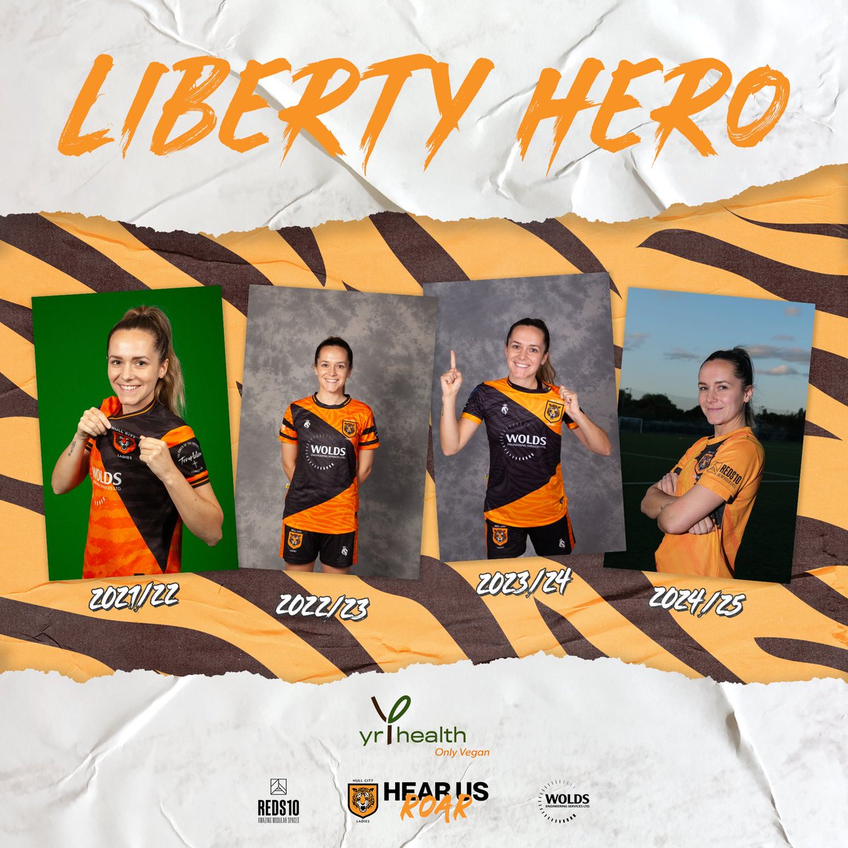 HullCityLFC's tweet photo. #HCLAdvent 7️⃣

One of our most experienced, loyal members of the team, Lib wears the amber and black for her 8th season this 24/25 🧡🖤

Dedication. Grafting. Resilience. 

🤝 YR Health

#HearUsRoar https://t.co/a9C09PEIGd