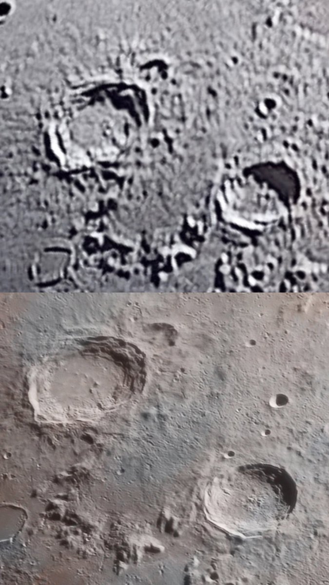 AJamesMcCarthy's tweet photo. Top: closeup from the detailed photo of the moon that launched my career and was used on the 30’ banner on the Artemis 1 mobile launching platform.

Bottom: the same craters on my ridiculously detailed moon photo I’m releasing next week. https://t.co/TJ4GPbXcCN