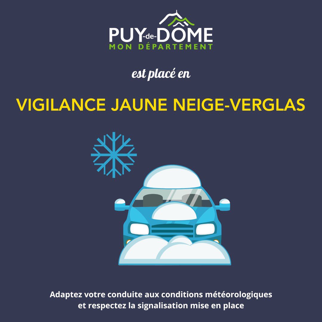 [INFO ROUTE] ❄️ Les conditions de circulation sont délicates en altitude. 
D’importantes chutes de neige sont attendues cette nuit dans le Sancy, soyez prudents si vous devez circuler dans le secteur.
👷‍♂️ Les agents du Département sont mobilisés pour dégager et sécuriser les