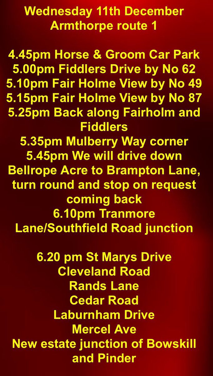 SANTA’S ON HIS WAY ! 

As always we’ll be supporting the Doncaster Lions on their Santa Sleigh Run in Armthorpe 

This Wednesday and Thursday evenings - see below for the routes and keep up to date with the Santa Tracker bit.ly/Santa-Doncaster 

#UpTheWellie #Santa 🎅🏻🎄🛷