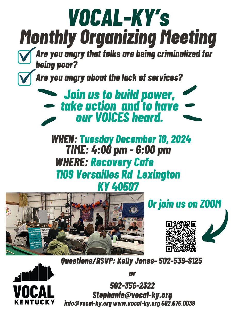 Seasoned4u's tweet photo. Will you join us for our End of the Year Celebration & Fundraiser? #VOCALKY is just two and a half years old as an organization. We started our black woman directed, multi-racial membership-led community organizing non-profit, standing on the shoulders of 25 years from ACT UP Movement, to VOCAL-NY and now VOCAL-US!

We didn't parachute in, we didn't take from the good work happening, we added muscle to the local, statewide, and national social justice movements connected to our organing issues. 
That #PeoplePower built from leadership development has helped us be recognized as strong advocates for the poor and marginalized with our 120 Kentucky County Focus. Our goal is to save and improve lives with better policies, justice, services, care & decision-making.

We started with 3 people and have grown to 12 part-time, contract and full-time staff in Kentucky. 
The work continues in 2025, y'all! We will keep showing up across our beautiful state for our growing members, leaders, and allies from rural, urban, and suburban. 
So when you donate to our work, your dollar goes the distance. Our funders have been amazing. 
It is important to come together and cheer the good work, build on what we didn't complete, #endthestigma and invest in what we need to do. 

Our monthly donors help sustain the work. You can always stay connected to our work and donate here: https://t.co/XJgEpHMIQG 

Join us DECEMBER 18, 2024, from 4:30pm - 7:30pm as we celebrate an AMAZING year and thank all of our members, leaders, allies, and supporters that make our work possible

TICKET INFO: Members/Leaders see a VOCAL-KY Organizer for your free ticket.
Monthly donors also get in free.
Email donations@vocal-ky.org to request the code. 
Or become a monthly donor by making a donation at https://t.co/VnNRwhrrET and then sending an email to donations@vocal-ky.org, and they will send you the code Or you can purchase tickets or become a sponsor by scanning the QR code above.
Tickets at the door are $25. Food, drinks & fun included!
Please share and bring a friend 💚 

WHEN: WEDNESDAY, December 18, 4:30pm - 7:30pm
WHERE: Lucretia's Kitchen, 617 W. Oak St. 

*Our offices will be CLOSED--> 12/19/2024 to 1/6/2025