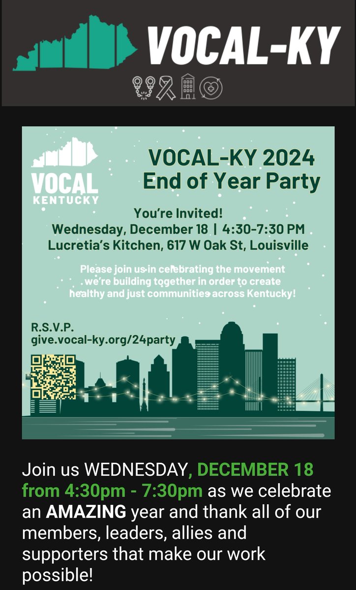Seasoned4u's tweet photo. Will you join us for our End of the Year Celebration & Fundraiser? #VOCALKY is just two and a half years old as an organization. We started our black woman directed, multi-racial membership-led community organizing non-profit, standing on the shoulders of 25 years from ACT UP Movement, to VOCAL-NY and now VOCAL-US!

We didn't parachute in, we didn't take from the good work happening, we added muscle to the local, statewide, and national social justice movements connected to our organing issues. 
That #PeoplePower built from leadership development has helped us be recognized as strong advocates for the poor and marginalized with our 120 Kentucky County Focus. Our goal is to save and improve lives with better policies, justice, services, care & decision-making.

We started with 3 people and have grown to 12 part-time, contract and full-time staff in Kentucky. 
The work continues in 2025, y'all! We will keep showing up across our beautiful state for our growing members, leaders, and allies from rural, urban, and suburban. 
So when you donate to our work, your dollar goes the distance. Our funders have been amazing. 
It is important to come together and cheer the good work, build on what we didn't complete, #endthestigma and invest in what we need to do. 

Our monthly donors help sustain the work. You can always stay connected to our work and donate here: https://t.co/XJgEpHMIQG 

Join us DECEMBER 18, 2024, from 4:30pm - 7:30pm as we celebrate an AMAZING year and thank all of our members, leaders, allies, and supporters that make our work possible

TICKET INFO: Members/Leaders see a VOCAL-KY Organizer for your free ticket.
Monthly donors also get in free.
Email donations@vocal-ky.org to request the code. 
Or become a monthly donor by making a donation at https://t.co/VnNRwhrrET and then sending an email to donations@vocal-ky.org, and they will send you the code Or you can purchase tickets or become a sponsor by scanning the QR code above.
Tickets at the door are $25. Food, drinks & fun included!
Please share and bring a friend 💚 

WHEN: WEDNESDAY, December 18, 4:30pm - 7:30pm
WHERE: Lucretia's Kitchen, 617 W. Oak St. 

*Our offices will be CLOSED--> 12/19/2024 to 1/6/2025