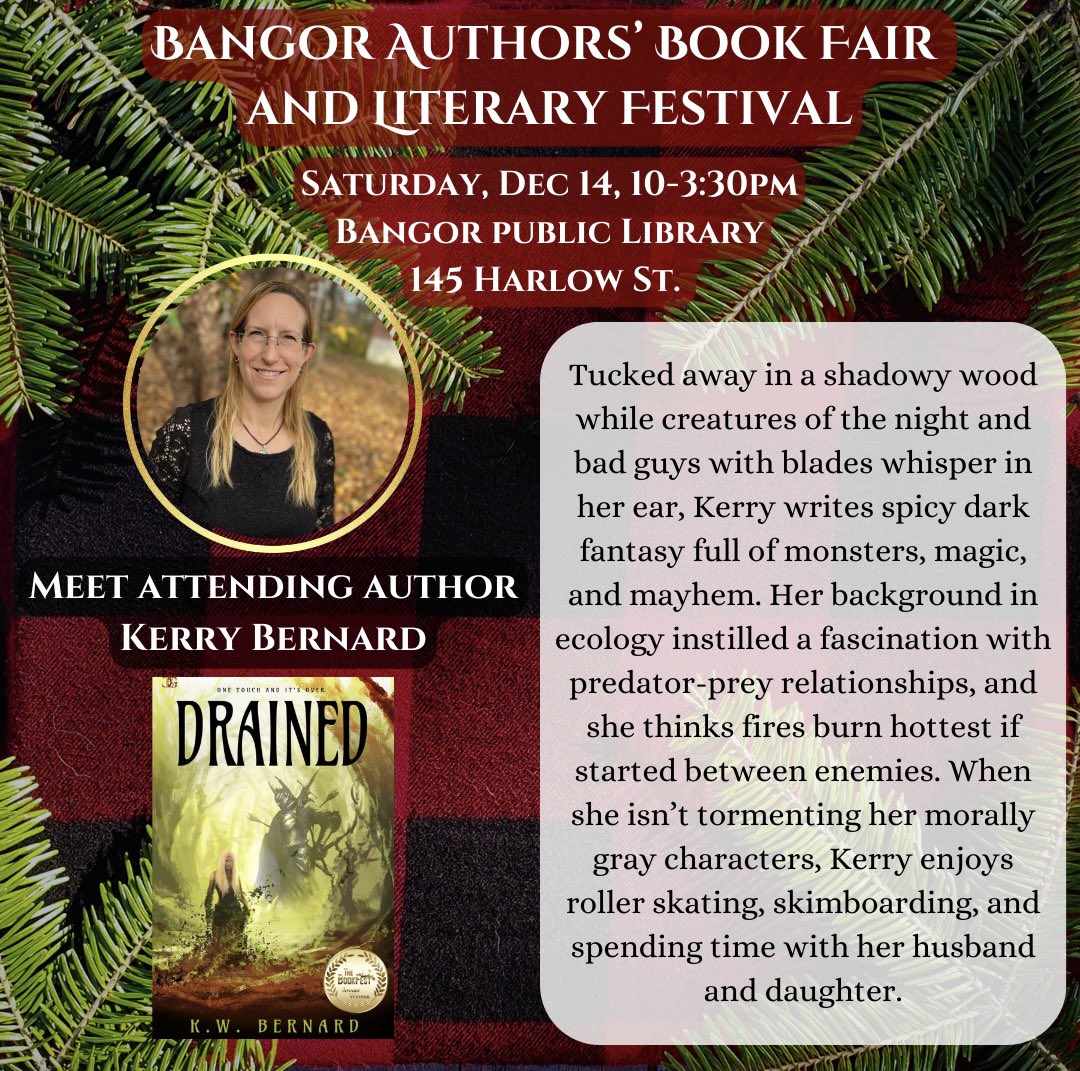 KerryWBernard's tweet photo. The Bangor Authors’ Book Fair is only a week away. Readings, panels, and 100 authors! If you’re in the area, don’t miss it. Find me on the 2nd floor. Books make great gifts! 🎁📚
#Maine #Bangor #MaineReaders #MaineAuthors #MaineBooks #MaineWriters https://t.co/kiuHzBua19