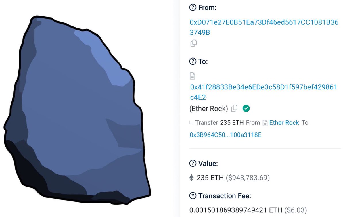 DegenerateNews's tweet image. SALE: @EtherRock #19 SOLD FOR 235 $ETH (~$944K)