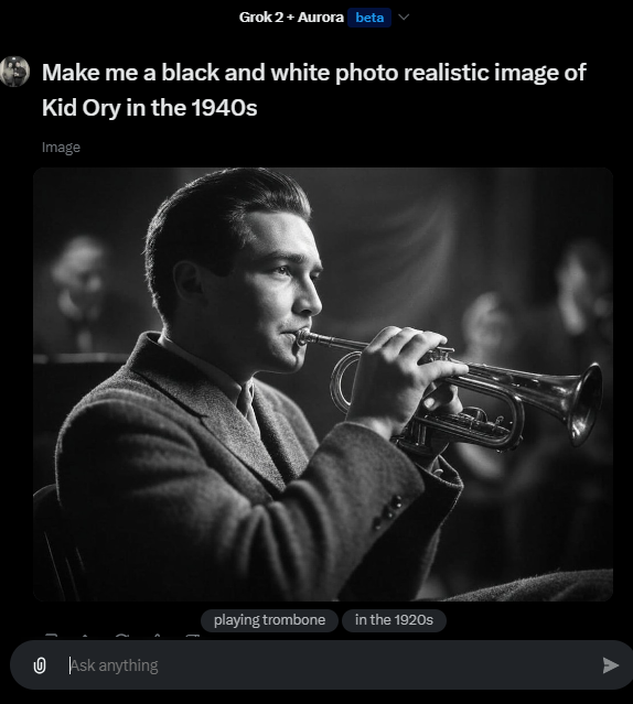 I'm testing the latest AI image generator, released today and supposedly the best so far. Its knowledge of jazz demonstrates why  The Syncopated Times will still be needed as a resource for accurate, human curated, information.