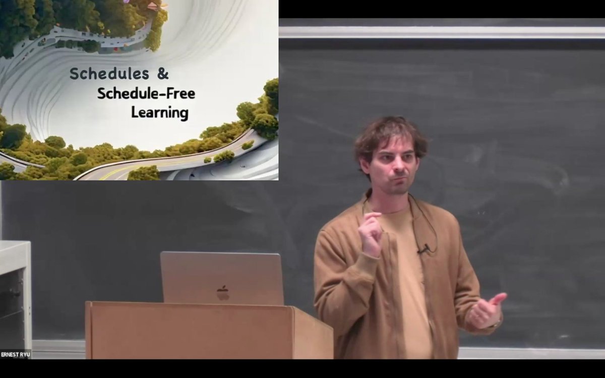 Ernest Ryu (@ernestryu) on Twitter photo <a href="/shuvo_das_gupta/">Shuvomoy Das Gupta</a> (Columbia) and I (UCLA) are starting an optimization seminar series! Our first speaker, <a href="/aaron_defazio/">Aaron Defazio</a> (Meta), presented Schedules & Schedule-Free Learning.
Aaron will give his NeurIPS 2024 Oral work next week. This is a longer version. (Video link in reply) <a href="/shuvo_das_gupta/">Shuvomoy Das Gupta</a> (Columbia) and I (UCLA) are starting an optimization seminar series! Our first speaker, <a href="/aaron_defazio/">Aaron Defazio</a> (Meta), presented Schedules & Schedule-Free Learning.
Aaron will give his NeurIPS 2024 Oral work next week. This is a longer version. (Video link in reply)