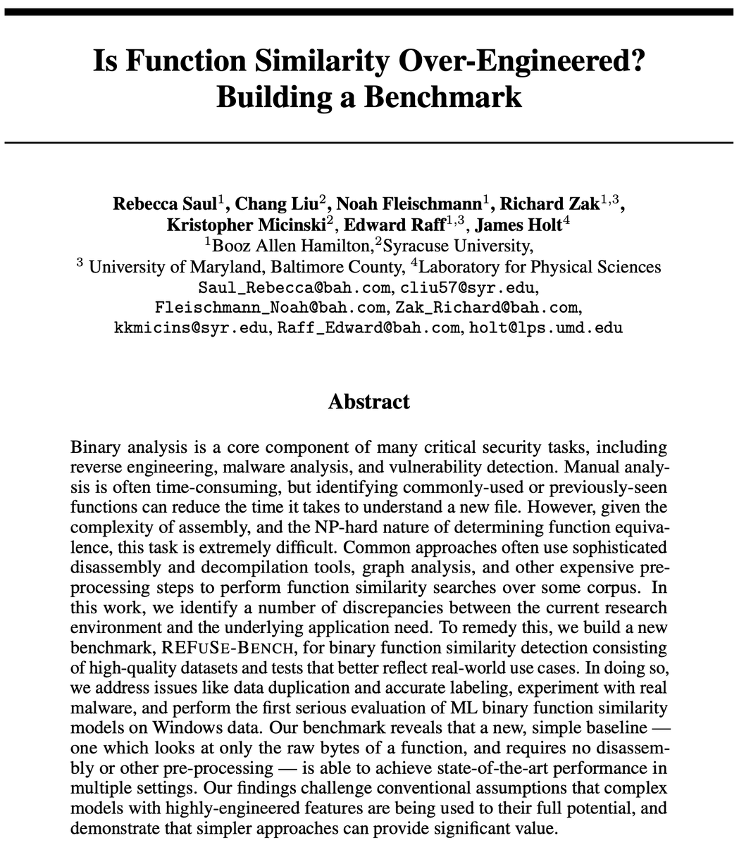 Edward Raff (@edwardraffml) on Twitter photo Helping analysts with their reverse engineering work and finding similar functions is a problem. A lot of existing literature doesn't really work on real data. We can get better results by being dumber! <a href="/NeurIPSConf/">NeurIPS Conference</a> #NeurIPS2024 <a href="/BoozAllen/">Booz Allen Hamilton</a> w/ <a href="/krismicinski/">Kristopher Micinski -- DEFUNCT</a> <a href="/rjzak/">Richard Ε»</a> Helping analysts with their reverse engineering work and finding similar functions is a problem. A lot of existing literature doesn't really work on real data. We can get better results by being dumber! <a href="/NeurIPSConf/">NeurIPS Conference</a> #NeurIPS2024 <a href="/BoozAllen/">Booz Allen Hamilton</a> w/ <a href="/krismicinski/">Kristopher Micinski -- DEFUNCT</a> <a href="/rjzak/">Richard Ε»</a>