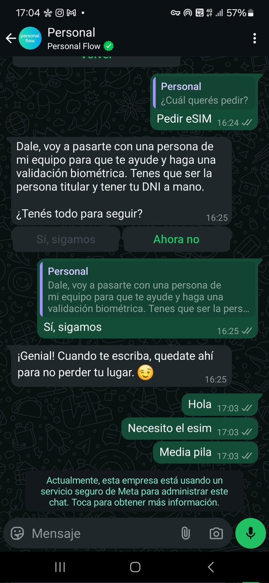 fran_le's tweet photo. Sentime @PersonalAr @PersonalFlow_At  hace más de 40 minutos estoy esperando me contacten para que me manden el esim.. lo necesito con URGENCIA. @DNDConsumidor https://t.co/djriwBBIVJ