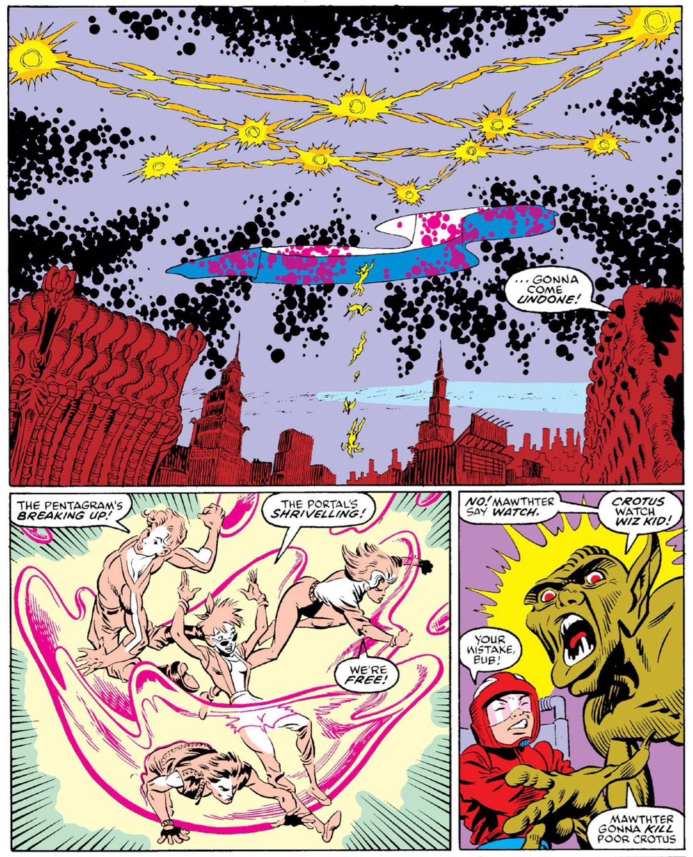 MarvelDailyArt's tweet photo. “The pentagram’s breaking up!” Okay now I see how this works! In Avengers, they rescue Franklin and the pentagram dissolves; here, they unplug the computer and it dissolves. In New Mutants it will be some other fight. Every team thinks they saved the day. #marvel #xterminators https://t.co/HRFGcJK0Tf