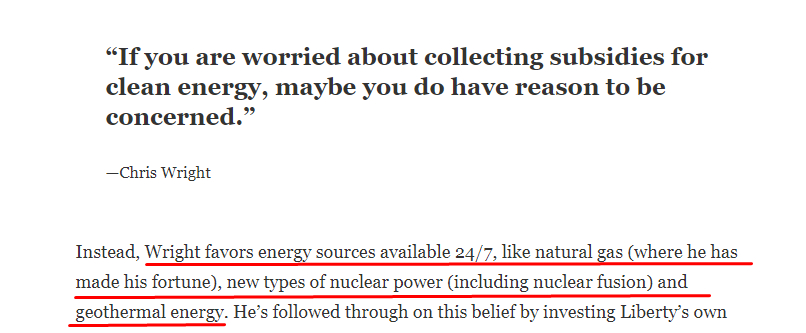 chigrl's tweet photo. It is literally shameful how the MSM press is against Chris Wright (US Energy Secretary Elect) 

He supports...*gasp* cheap reliable fuel sources that are available 24/7 such as natgas, nuclear, and geothermal

From Forbes: https://t.co/1MUG1VfJ5v