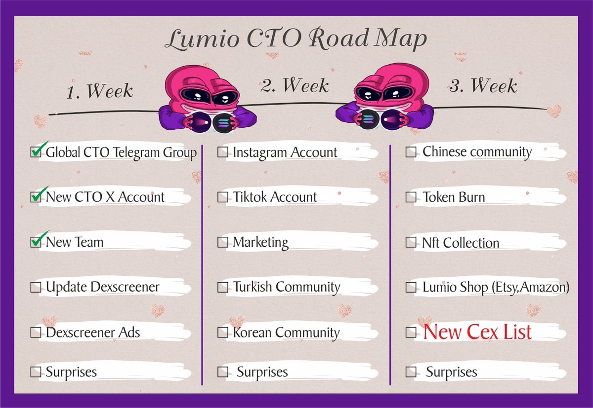 #Roadmap is ready. 🗺️ Lumio community will grow step by step. 💗 Our goals are big. 🚀 Come on  🔥🔥 $lumio  #cto #solanamascot #memecoin 
t.me/LumioTokenCTO
