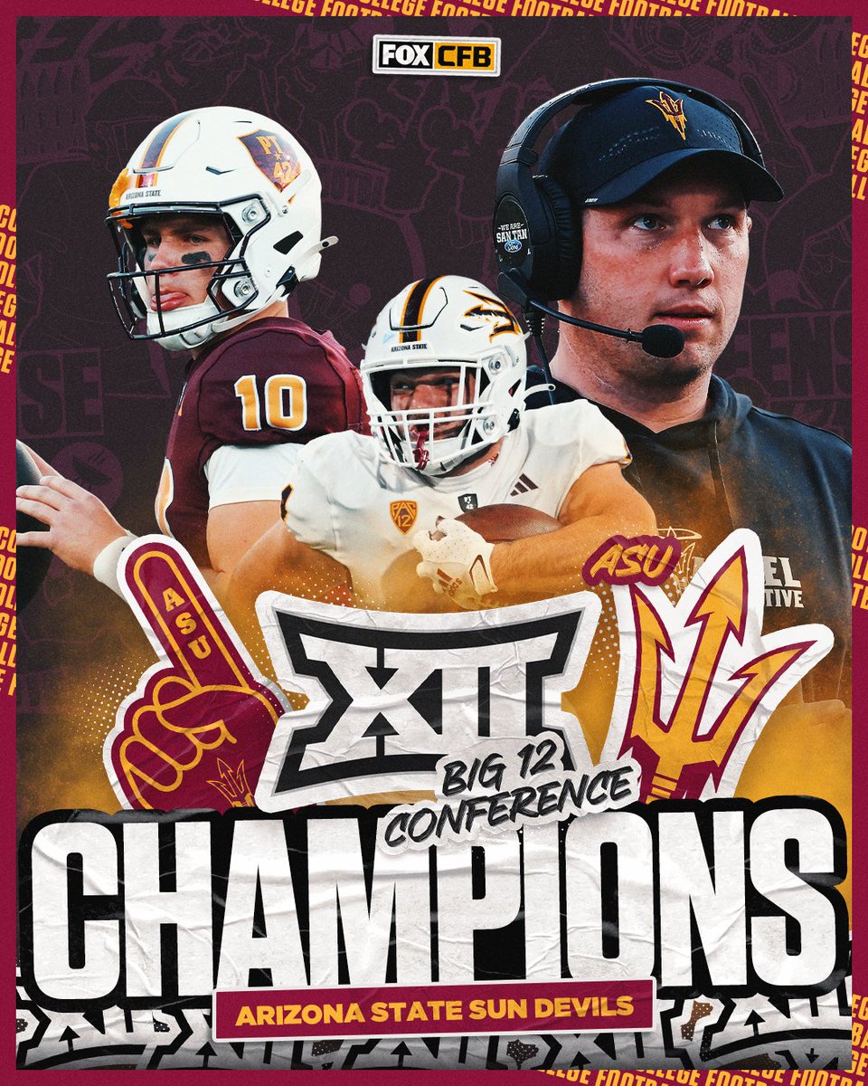 FOX College Football (@cfbonfox) on Twitter photo BIG 12 CHAMPIONS 🔱😈
<a href="/ASUFootball/">Sun Devil Football</a> defeats Iowa State and will play in the college football playoff 👏👏 BIG 12 CHAMPIONS 🔱😈
<a href="/ASUFootball/">Sun Devil Football</a> defeats Iowa State and will play in the college football playoff 👏👏