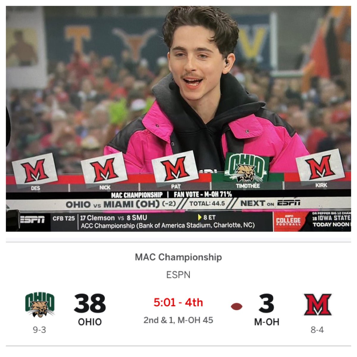 Yep.  Timothee knew.  

<a href="/RealChalamet/">Timothée Chalamet</a> <a href="/espn/">ESPN</a> <a href="/OhioFootball/">Ohio Football</a> <a href="/OHIOAlumni/">OHIO Alumni</a> <a href="/D_Summerville/">Derek Summerville</a> <a href="/OhioBobcats/">Ohio Bobcats</a> <a href="/ESPNCFB/">ESPN College Football</a>
