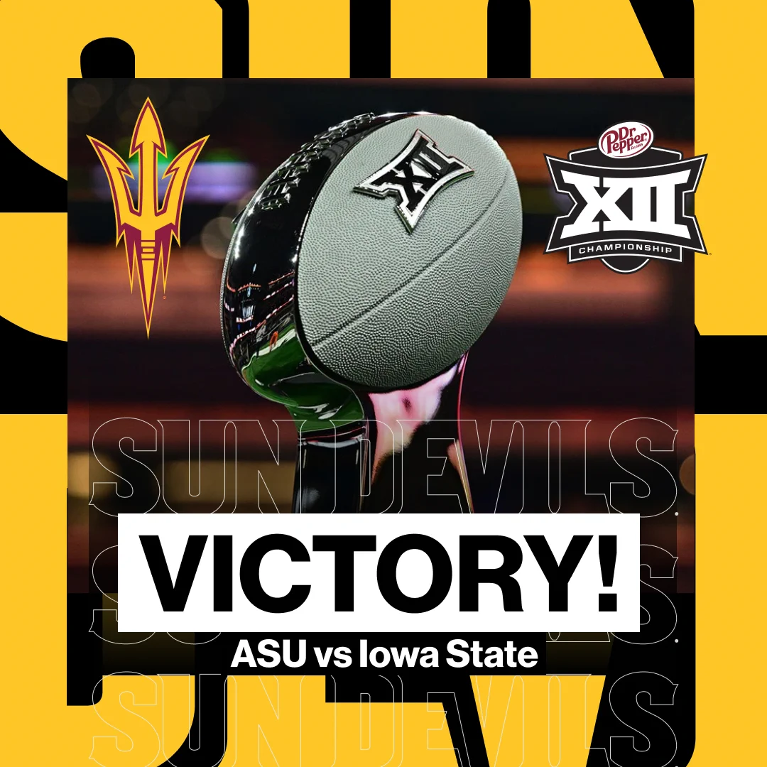 A silver and gray Big 12 Conference championship trophy sits between an image of a gold ASU pitchfork and and a black and white Big 12 logo, announcing an ASU victory.
