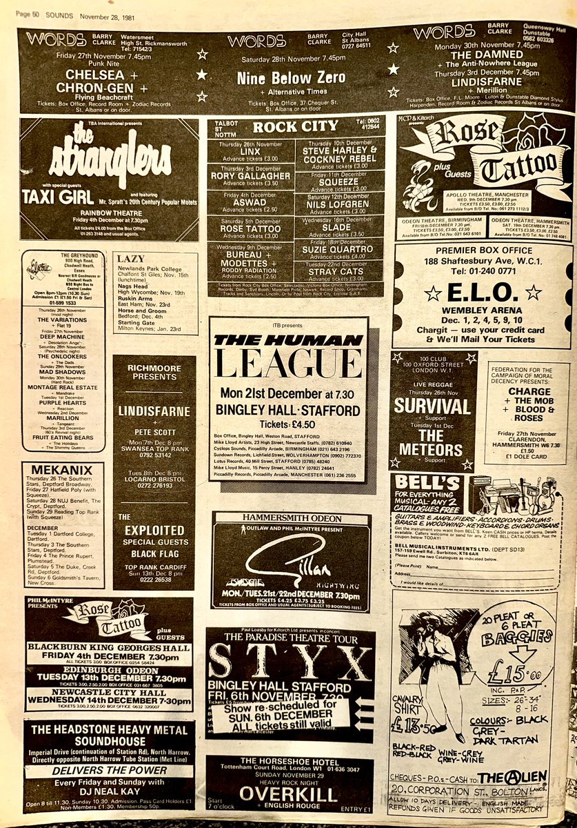 ZoundsAbound's tweet photo. I think going to see @JeffLynnesELO at Wembley Arena will be very worthwhile & @rorygallagher at Rock City likewise.
@STYXtheBand at Stafford Bingley Hall, #Samson at the Marquee & finally @vic_godard & #SubwaySect in Retford works for me
@WembleyArchive
Sounds Nov 28th 1981 https://t.co/TQfmq2vHEi