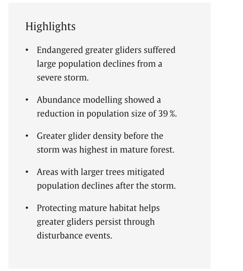 New #greaterglider research out, led by ARI’s talented Justin Cally. We looked into the effects of the large scale storm calamity in the wombat state forest in Victoria’s west on greater glider habitat:

sciencedirect.com/science/articl…