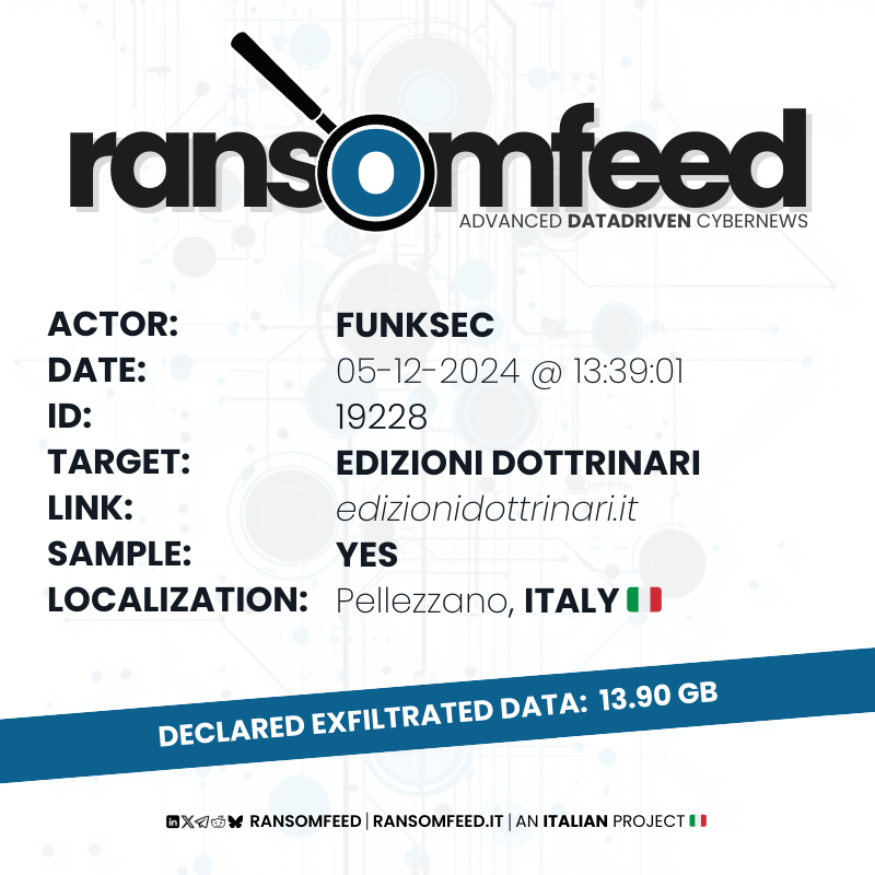 ransomfeednews's tweet image. 𝗔𝗰𝘁𝗼𝗿: #funksec
𝗩𝗶𝗰𝘁𝗶𝗺: Edizioni Dottrinari | edizionidottrinari.it
𝗖𝗼𝘂𝗻𝘁𝗿𝘆: Italy 🇮🇹
𝗦𝗮𝗺𝗽𝗹𝗲: yes
𝗘𝘅𝗳𝗶𝗹𝘁𝗿𝗮𝘁𝗲𝗱 𝗱𝗮𝘁𝗮: 13.90 GB
𝗗𝗲𝗮𝗱𝗹𝗶𝗻𝗲: published

🔗 ransomfeed.it/index.php?page…

#ransomfeed #security #infosec