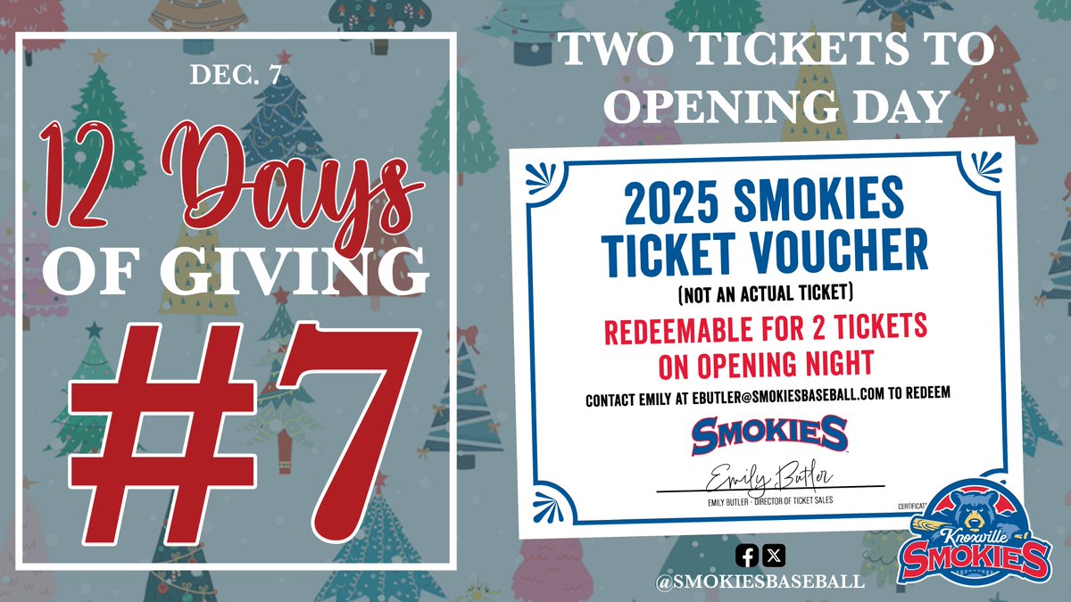 smokiesbaseball's tweet photo. Our DAY 7 giveaway is TWO TICKETS TO OPENING DAY!  ⚾️🎄🎁
1. Like
2. Retweet
3. Comment your favorite baseball player!
4. Tag friends in the comments for additional entries
Head to our Facebook for more entries! Yesterday's winner was Bob Paxton. Winner will be announced tomorrow and will be messaged by our official account!