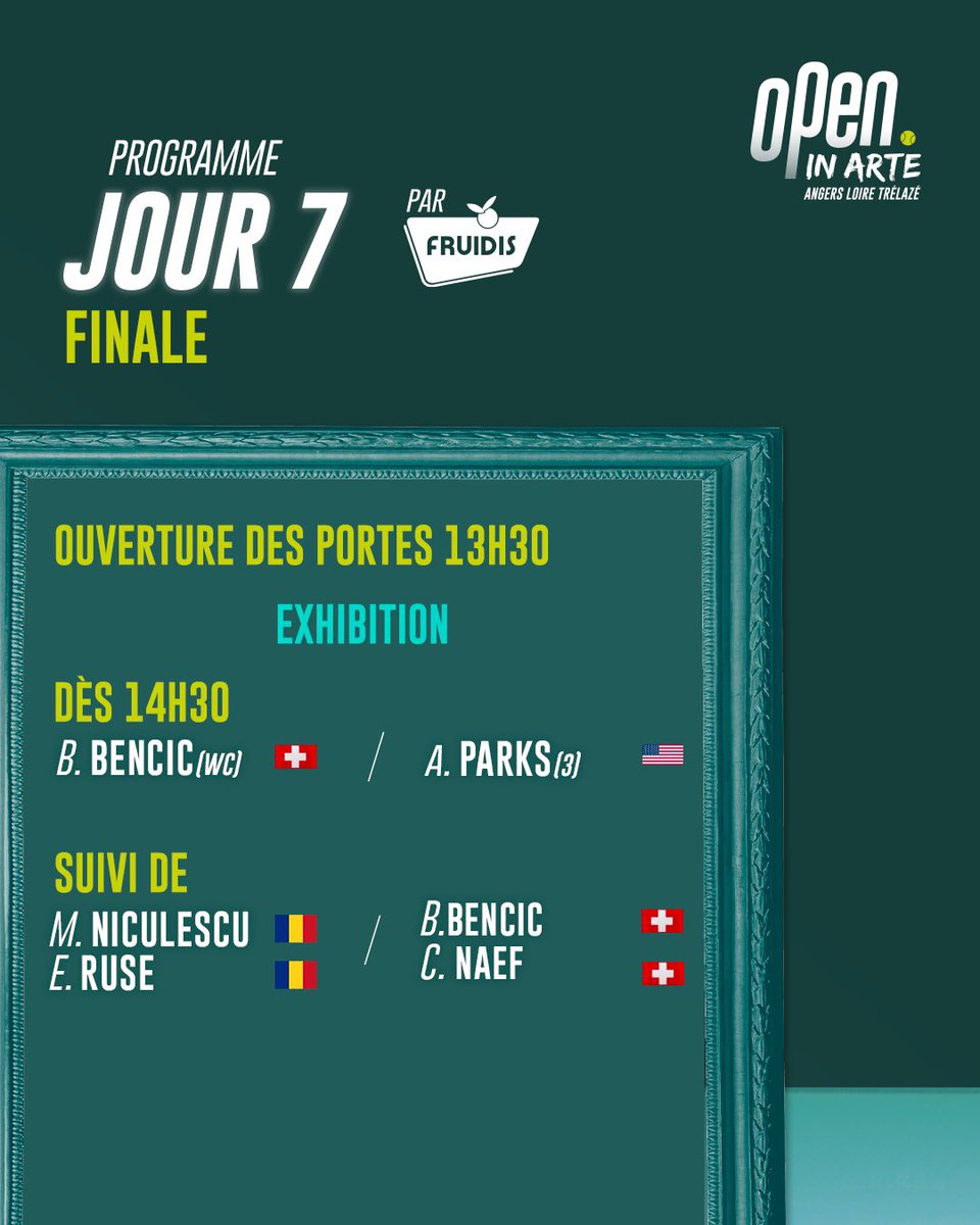Demain c’est finale à l’Open In Arte Angers Loire ! 

Un choc inédit à Angers et un match attendu pour conclure une merveilleuse semaine, à 14h30 !

🕞14h30 - Finale Simple 
👉 BENCIC 🆚 PARKS

🕘 Suivi de la Finale du Double 
👉 NICULESCU &amp; RUSE 🆚 BENCIC &amp; NAEF