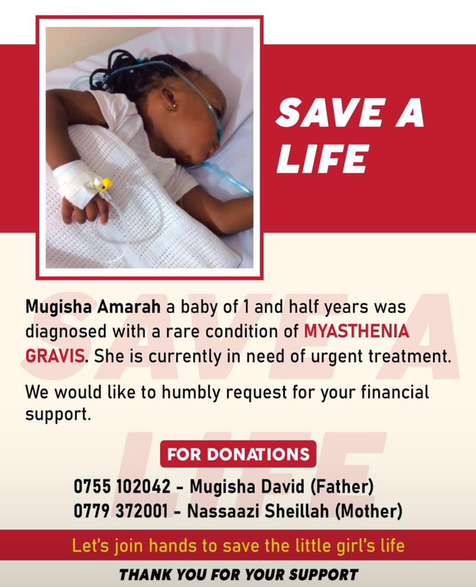 kingFahad_17's tweet photo. Hey, my good people,
Am calling everyone for financial support to help a young child named Mugisha Amarah, who is 1.5 years old and diagnosed with a rare condition called Myasthenia Gravis. Your support would mean the world to her and the family 
Even a small donation can make a big difference. Thank you 🙏 

Contact for Donations:
Father: Mugisha David, Phone: 0755 102042
Mother: Nassazi Sheillah, Phone: 0779 372001