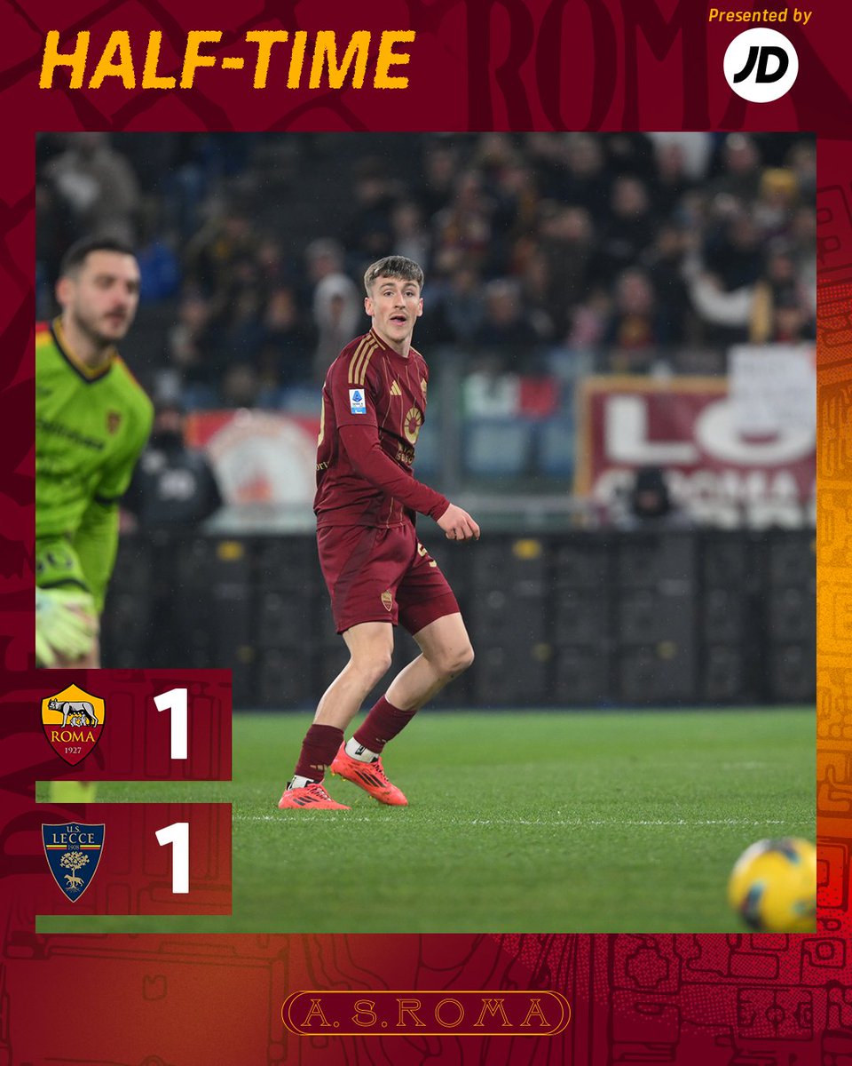 OfficialASRoma's tweet photo. Si conclude il primo tempo all'Olimpico: al vantaggio di Saelemaekers, ha risposto Krstovic su rigore.

#RomaLecce 1-1 https://t.co/qTWvwm3NfK