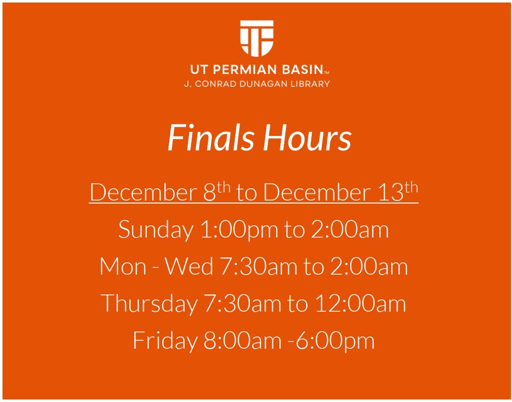 UTPBFALCONLIB's tweet photo. Hi Falcons!
Finals week is here!
Here are our hours!
#UTPBLibrary #FinalsWeek https://t.co/bPTJRpLV0q