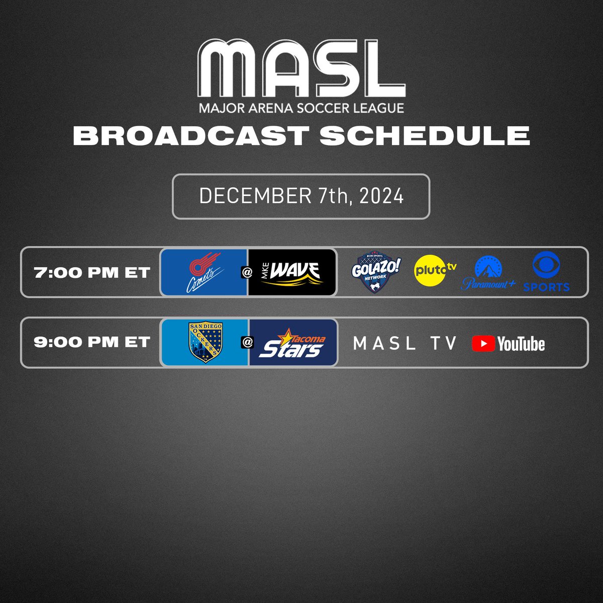Week 2 continues with a doubleheader of rivalry matchups!

First up, the <a href="/KCComets/">Kansas City Comets</a> and <a href="/MilwaukeeWave/">Milwaukee Wave</a> clash on the <a href="/CBSSportsGolazo/">CBS Sports Golazo ⚽️</a> Network

Then the <a href="/TacomaStarsSC/">Tacoma Stars</a> host the <a href="/SanDiegoSockers/">San Diego Sockers</a> in a star-studded nightcap

Catch tonight's game on youtube.com/MASLtv  or any of