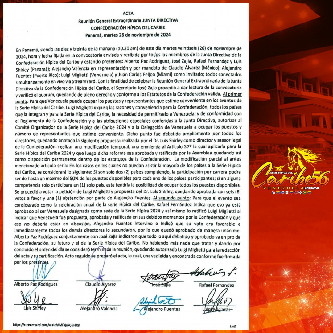 Delegación de Venezuela ocupará los puestos en las carreras de la Serie Hípica del Caribe 2024 

Durante la reunión extraordinaria de la Junta Directiva de la Confederación Hípica del Caribe, realizada el día viernes 26 de noviembre 2024, vía Streaming, se estableció que la