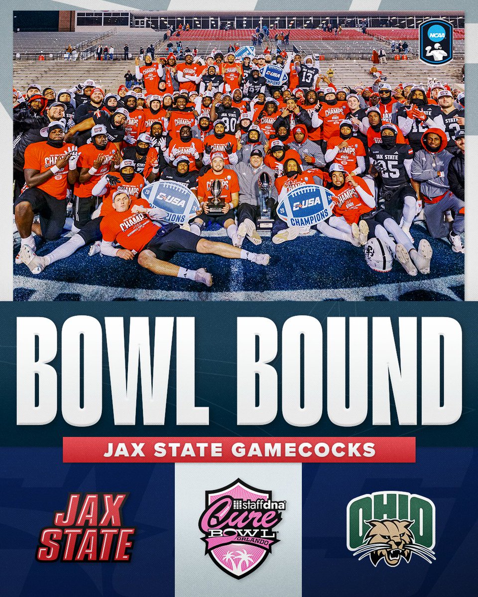 ConferenceUSA's tweet photo. 🌴 GAMECOCKS ARE BOWL BOUND 🌴

CUSA Champion Jax State will face MAC Champion Ohio in the StaffDNA Cure Bowl❗️

#NoLimitsOnUs